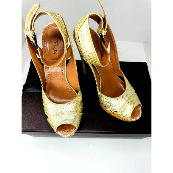 Alaïa Gold Snake Embossed Leather Platform High Heel Sandals EU 36.5 Luxury - Picture 6 of 11